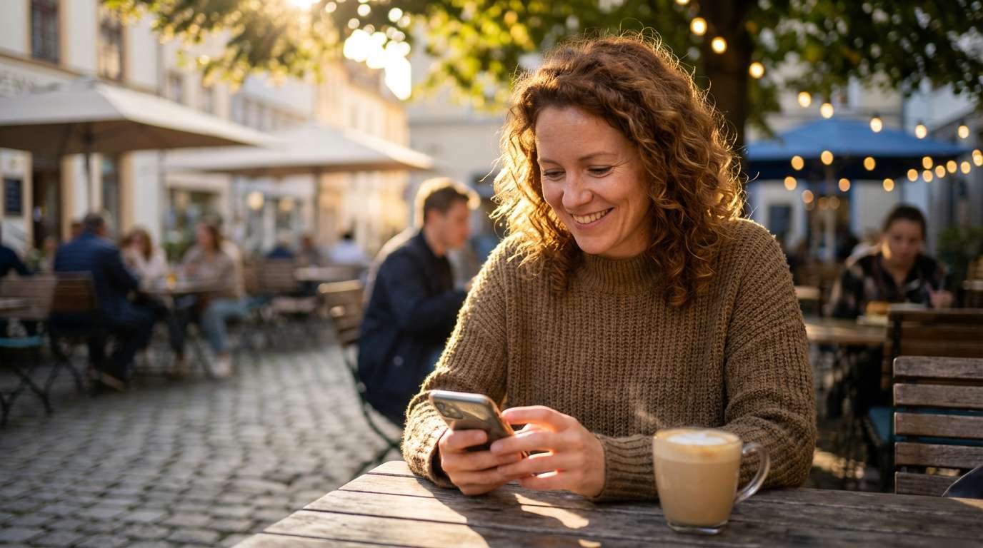 Mujer sonriendo mientras usa su teléfono en una cafetería